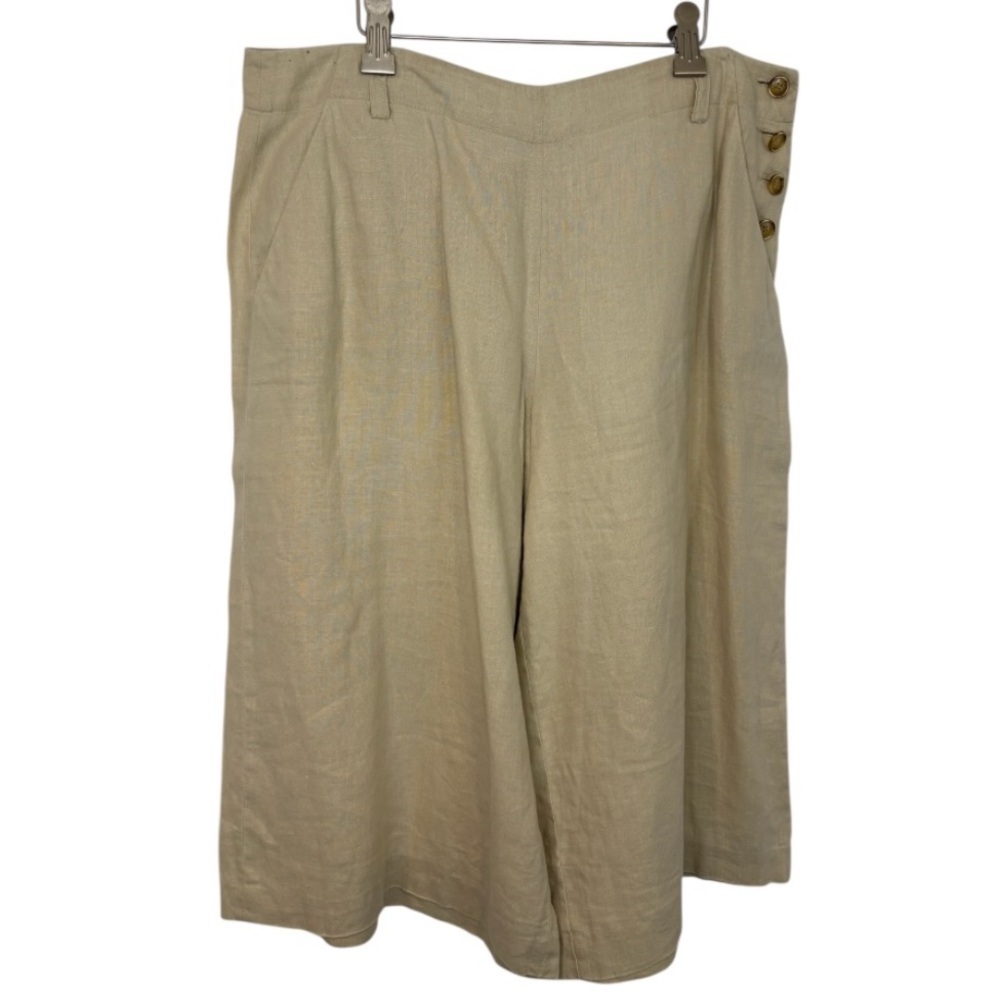 Calvin Klein Beige Wide-Leg 100% Linen Cropped Pants with Button Detail Size 8